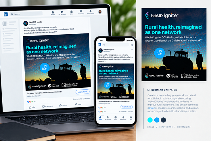 WebMD Ignite LinkedIn ad design featuring rural healthcare photography and branded social media graphics